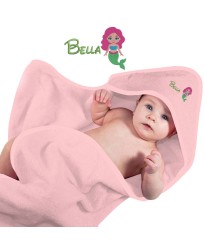 Baby Hooded Bath Towel With Cute Mermaid Cartoon Design Embroidered In Contrast Color 100% Cotton